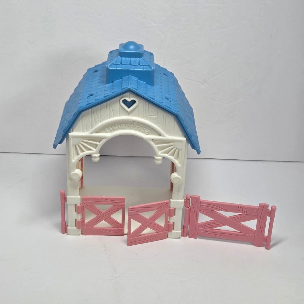 Vintage 1993 Fisher Price Little People Blue Roof Stable Barn Pink Gates Toy